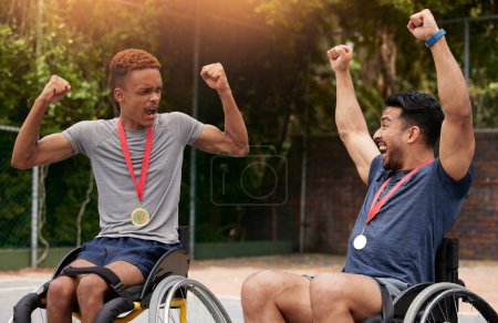 Photo for Basketball, success and wheelchair user with men and celebration for winner, trophy or sports. Training, champion and goal with people with a disability for competition, fitness and teamwork. - Royalty Free Image