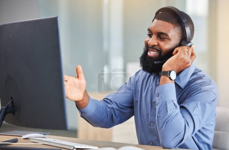 Photo for Call center, computer and happy man, consultant or agent speaking, advice and customer services or business support. Online sales, financial advisor or african person communication, contact us or FAQ. - Royalty Free Image