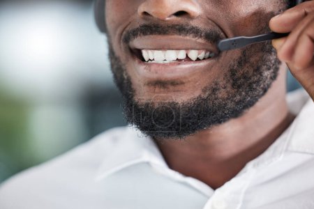 Photo for Mouth, man consulting for telemarketing in call center, customer service and advisory help of CRM questions. Closeup face of salesman, microphone and communication for telecom support, FAQ or contact. - Royalty Free Image