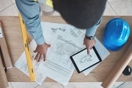 Photo for Engineering, person hands and tablet blueprint, construction planning or renovation design on tablet above. Architecture paper, floor plan and project management sketch or drawing on digital screen. - Royalty Free Image