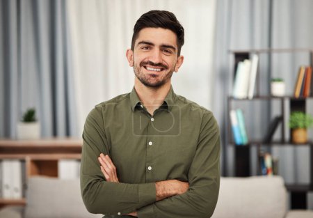 Photo for Portrait, consultant and man with arms crossed in home for remote work. Face, business professional and confident entrepreneur from Spain with smile, happy and positive mindset for freelance career. - Royalty Free Image