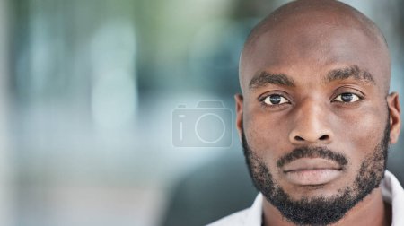 Photo for Business, travel and portrait of black man in a city with confidence, attitude and mindset on blurred background. young, face and African male person outdoor for traveling, experience and ambition. - Royalty Free Image