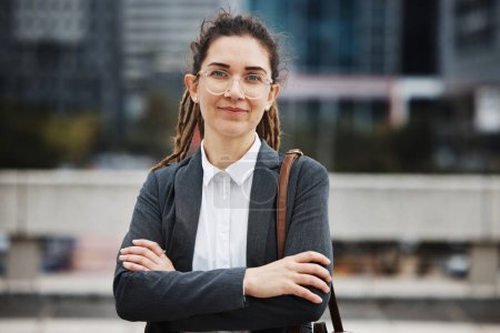 Photo for Business woman, professional portrait and arms crossed outdoor with a career and creative job pride. City, entrepreneur and work commute in morning with female person from New York in urban town. - Royalty Free Image