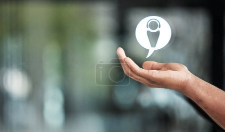 Photo for Hand, icon and call center app with mockup space in an office for customer service or support. App, contact or banner with a crm logo in a palm of an adult for consulting, communication or assistance. - Royalty Free Image