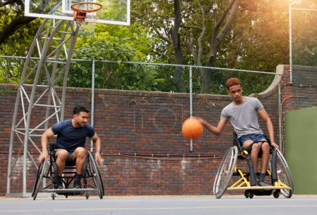 Photo for Sports, basketball court and men in wheelchair for training, exercise and workout on outdoor park. Fitness, team and male people with disability with ball playing for competition, practice and games. - Royalty Free Image