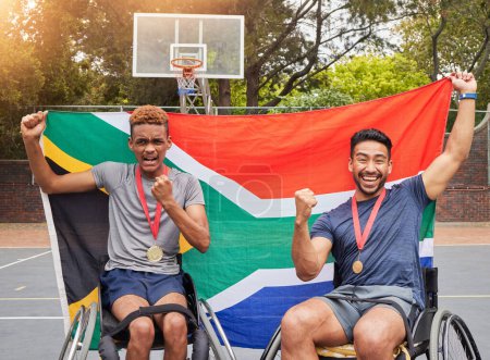 Photo for Basketball, winner and flag with men and wheelchair user for success, trophy or sports. Training, South Africa champion and goal with portrait of people with a disability for competition and teamwork. - Royalty Free Image