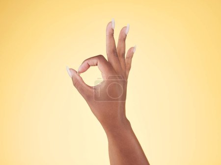 Photo for Great, ok and hand sign in studio with decision, agreement and success of good news. Yellow background, yes vote and accept approval of a person showing agree, opinion and emoji icon and signal. - Royalty Free Image