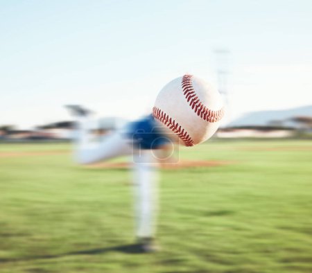 Photo for Baseball, ball and closeup of person pitching outdoor on a sports pitch for performance and competition. Professional athlete or softball player throw for a game, training or challenge on a field. - Royalty Free Image