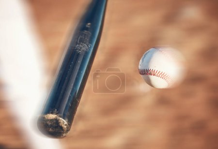 Softball, hit and closeup of field for training, sports and fitness, competition or outdoor exercise. Blur, ball and bat on a baseball background with power strike in action, speed or performance.