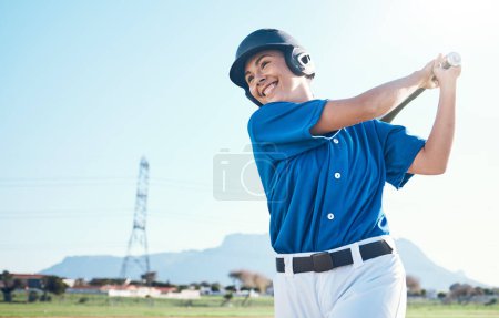 Photo for Baseball, bat and swing of a woman outdoor on a pitch for sports, performance and competition. Professional athlete or softball player with a smile, space and ready for game, training or exercise. - Royalty Free Image