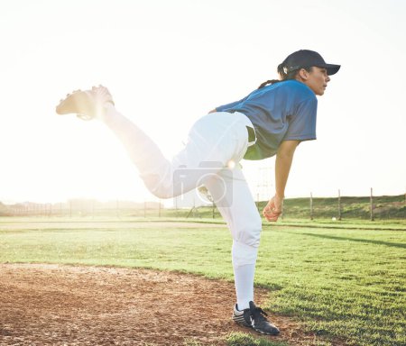 Photo for Baseball, pitching and sports person outdoor on a pitch for performance and competition. Professional athlete or softball player for a game, training or exercise challenge at field or stadium. - Royalty Free Image