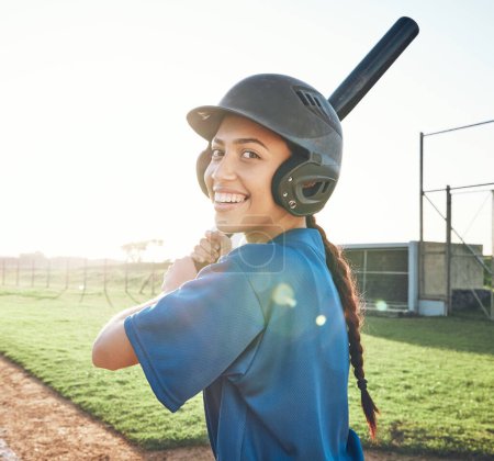 Photo for Baseball portrait, bat and a woman outdoor on a pitch for sports, performance and competition. Professional athlete or softball player happy about a game, training or exercise challenge at stadium. - Royalty Free Image