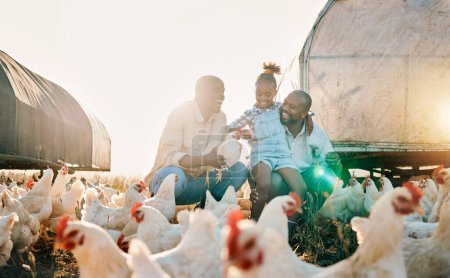 Photo for Agriculture, chicken and gay parents with girl in countryside for holiday, adventure and vacation. Lgbtq family, sustainable farm and fathers with child for bonding, relax and learning with animals. - Royalty Free Image