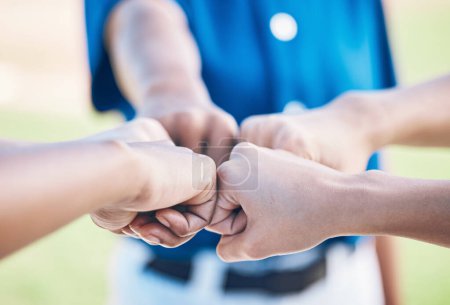 Photo for Sports fist bump, hands together and baseball team building, teamwork motivation or celebrate competition success. Closeup player, softball group and people collaboration, partnership and solidarity. - Royalty Free Image