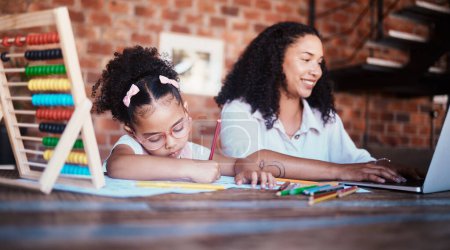 Photo for Homework, writing and child in home with mom, learning and ideas for project. Young girl, problem solving and mother working at a house with student education and drawing notes at table for school. - Royalty Free Image