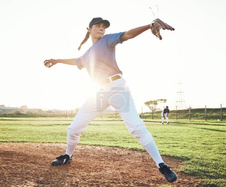 Photo for Pitching a ball, baseball and person outdoor on a pitch for sports, performance and competition. Professional athlete or softball player for a game, training or exercise challenge at field or stadium. - Royalty Free Image