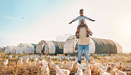 Photo for Chicken, farming and family with fun outdoor for sustainability growth and agriculture. Dad, child and working together on farm field and countryside with support and care for animal livestock. - Royalty Free Image