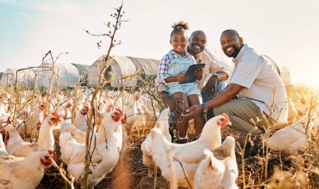Photo for Family, chicken farm and portrait in countryside with gay parents, agriculture help and kid. Happy, farming and child together with love and farmer support with bird and animal stock in field. - Royalty Free Image