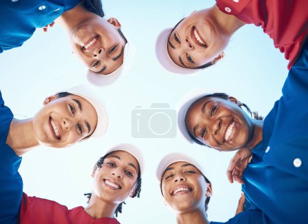Photo for Women, team and softball, sports and huddle with fitness, professional and athlete group together in portrait. Mission, smile and support, trust and low angle, people plan baseball game and diversity. - Royalty Free Image