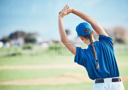 Photo for Back, stretching and a woman on a field for baseball, training for sports or fitness with mockup. Space, nature and an athlete or person with a warm up for exercise and ready to start a game. - Royalty Free Image
