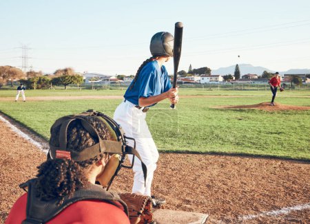 Photo for Baseball player, bat and outdoor on a pitch for sports, performance and competition. Professional athlete or softball people ready for a game, training or exercise challenge at field or stadium. - Royalty Free Image