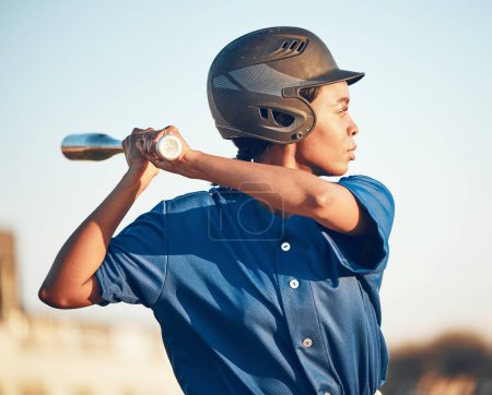 Photo for Game, baseball player or black woman with a bat, exercise or training with power strike, hit or swing. Person, sports or athlete in club competition, practice match or softball with fitness or health. - Royalty Free Image