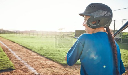 Photo for Baseball, bat and a woman outdoor on a pitch for sports, performance and competition. Professional athlete or softball player happy for a game, training or exercise banner or space at a stadium. - Royalty Free Image
