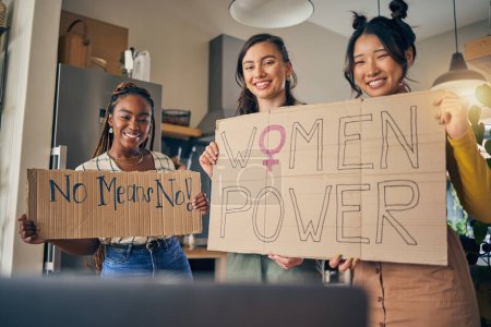 Women, poster and preparation in home for protest, portrait or support for diversity, empowerment or goals. Girl friends, cardboard sign or ready with billboard for justice, human rights or equality.