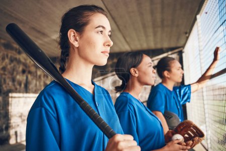 Photo for Women, team and softball, sports and game with fitness, professional and athlete group together. Mission. confidence and support, trust and exercise, people ready to play baseball and club in dugout. - Royalty Free Image