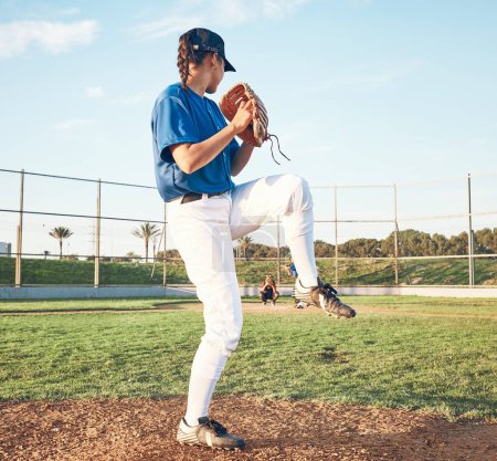 Photo for Sports person, pitching and baseball outdoor on pitch for performance and competition. Behind professional athlete or softball player for team game, training or exercise challenge at field or stadium. - Royalty Free Image