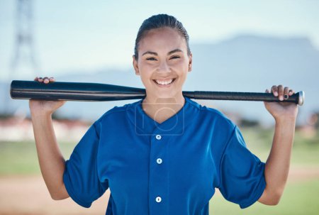 Photo for Sports, portrait and woman with a baseball, bat and smile at a field for training, workout or match practice. Happy, face and female softball batter at a park for competition, performance and workout. - Royalty Free Image