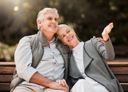 Photo for Love, park bench and senior happy couple relax, bonding and enjoy garden view, fresh air and nature wellness. Freedom, marriage and outdoor man, old woman or retirement people on romantic date. - Royalty Free Image