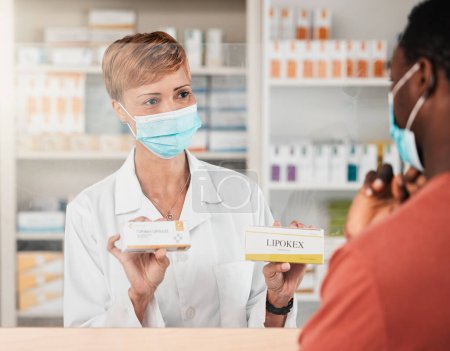 Photo for Face mask, pharmacist and medicine pills choice for patient asthma, virus and breathing drugs. Woman, help and customer with medical product solution in pharmacy wellness sales, retail or healthcare. - Royalty Free Image