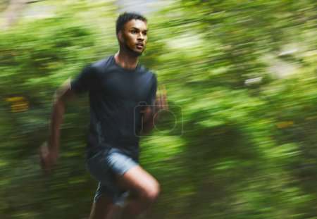 Photo for Sports man, speed and running in park with motion blur, cardio workout and fitness action. Runner, athlete and focus for marathon race with energy, dynamic exercise and fast performance pace outdoor. - Royalty Free Image
