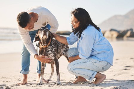Photo for Beach, love and couple with dog by ocean for freedom, adventure and bonding together in nature. Happy pet, petting canine and man and woman by sea for exercise, wellness and training outdoors. - Royalty Free Image