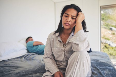 Photo for Frustrated couple, argument and fight in conflict on bed after disagreement, cheating or affair. Upset or unhappy woman and man in divorce, depression or toxic relationship and breakup in the bedroom. - Royalty Free Image