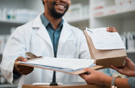 Photo for Pharmacist hands, checklist and medicine package for customer service, healthcare or retail drugs in consultation. Medical worker or doctor in pharmacy giving documents, pills and insurance questions. - Royalty Free Image