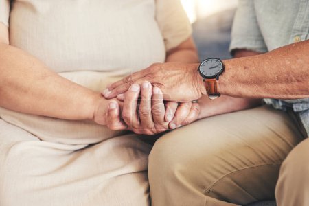 Photo for Retirement, holding hands or old couple for hope, support or loyalty in marriage commitment at home. Zoom, comfort or senior man bonding to relax with an elderly woman on anniversary for love or care. - Royalty Free Image