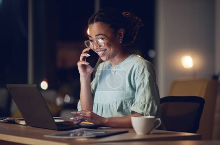 Photo for Night phone call, office laptop and happy woman speaking, communication and reading project development, KPI or report. Cellphone, ecommerce discussion and professional person smile for online order. - Royalty Free Image
