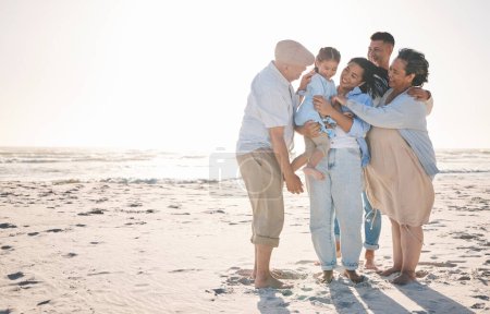 Photo for Family, mockup and a girl on the beach with her grandparents in summer for holiday or vacation together. Love, sunset or flare with parents, children and old people by the ocean on banner space. - Royalty Free Image