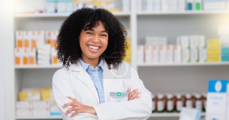 Photo for Medical Professional working at chemist ready to give great healthcare customer service to sick patients. Happy female nurse happy to help people get medicine treatment at her pharmacy retail store. - Royalty Free Image