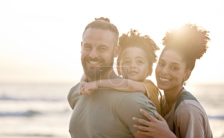 Photo for Portrait, family and happy at beach at sunset, bonding and having fun outdoor. Face, smile and father, kid and mother at ocean in interracial care, summer holiday and vacation to travel mockup space. - Royalty Free Image