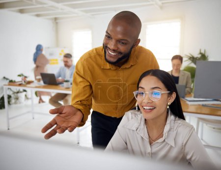 Photo for Training, teamwork and computer with business people in office for creative, planning and coaching. Consulting, collaboration and feedback with employees in digital agency for website and designer. - Royalty Free Image