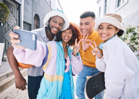 Photo for Friends, selfie and city with peace sign happy, gen z and smile of university students for social media. Profile picture, portrait and diversity of young people on a street on vacation with fashion. - Royalty Free Image