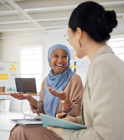 Photo for Collaboration, smile and a muslim business woman in the office with a colleague for planning in a meeting. Teamwork, training and coaching with a mentor talking to an employee in the workplace. - Royalty Free Image