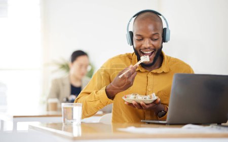 Photo for Black business man, laptop and sushi on lunch, video or movie in office for social media, headphones or streaming. African entrepreneur, eating seafood and health on computer, chopsticks or nutrition. - Royalty Free Image
