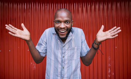 Photo for Excited, decision and portrait of black man with choice happy for surprise and winning in a red background. Smile, joy and amazed young person with announcement, news and casual fashion style. - Royalty Free Image