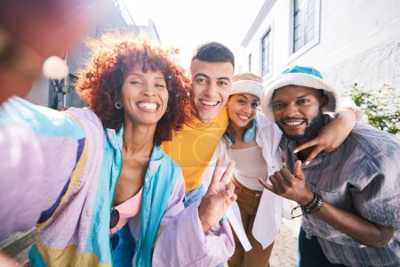 Photo for Friends, selfie and city with peace sign, gen z and smile of university students for social media. Profile picture, portrait and diversity of young people on a urban street happy with trendy fashion. - Royalty Free Image