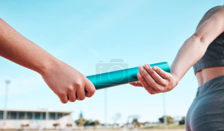 Photo for Person, team and hands with baton in relay, running marathon or sports fitness on stadium track. Closeup of people holding bar in competitive race, sprint or coordination in teamwork performance. - Royalty Free Image