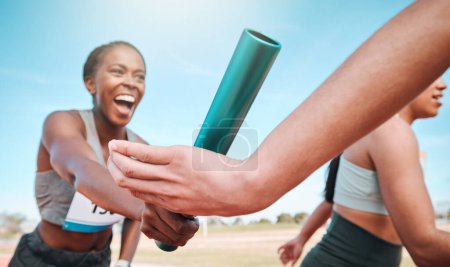 Photo for Woman, team and running with baton in relay, marathon or sports fitness on stadium track together. Group of athletes holding bar in competitive race, sprint or teamwork for cardio training or workout. - Royalty Free Image